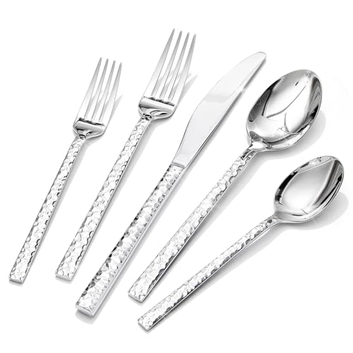 40 Piece Hammered Silverware Set, 18/10 Stainless Steel Flatware Set for 8